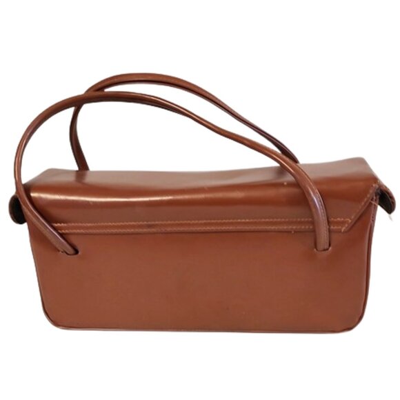 1950s Vintage Large Rust Brown Vinyl Box Handbag Purse With 2 Handles MCM - Picture 3 of 6
